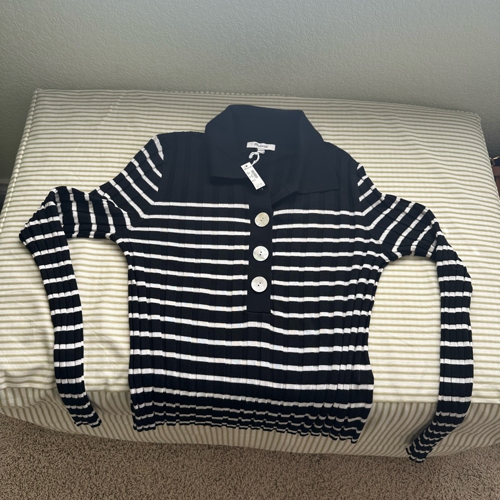 Madewell black & white ribbed polo sweater